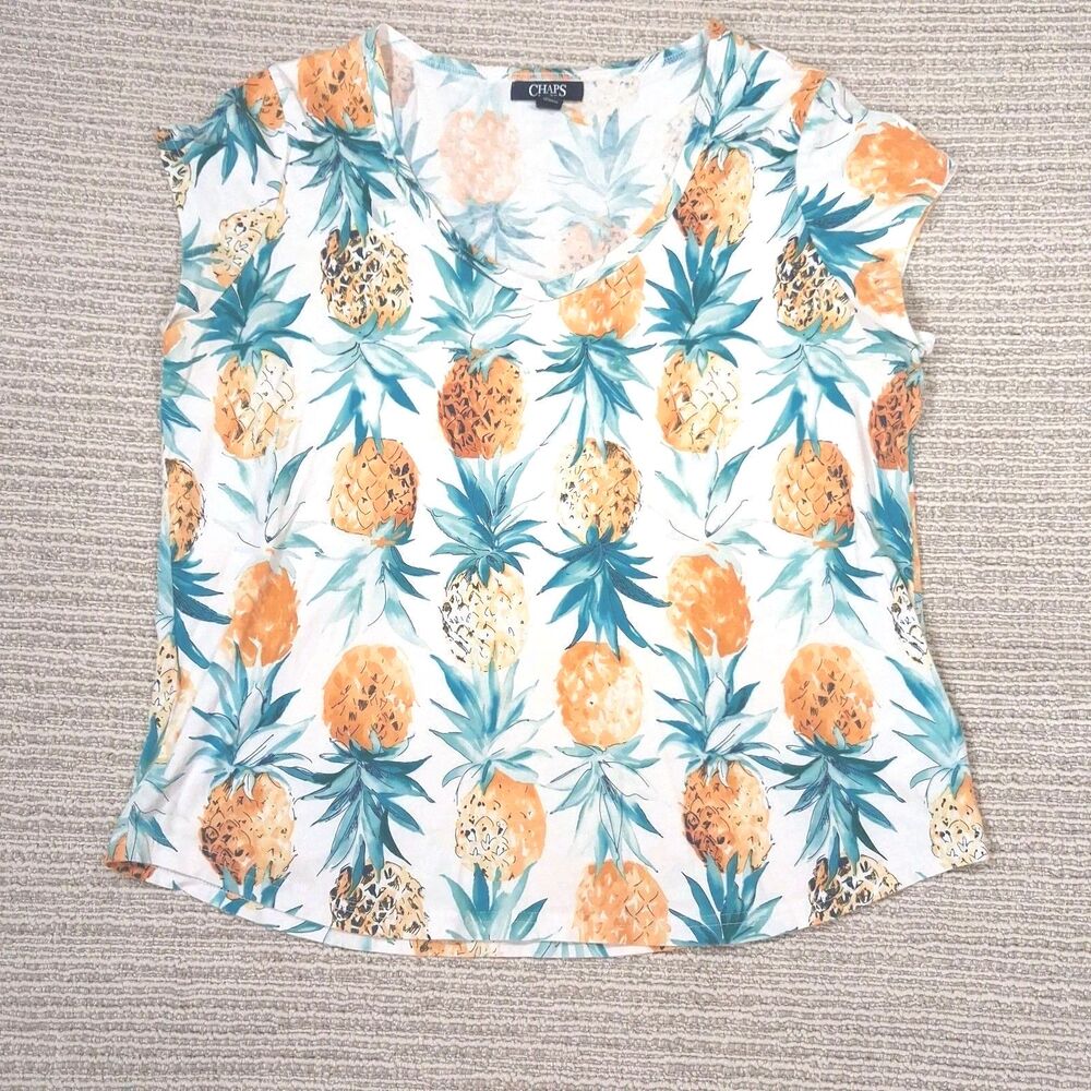 chaps pineapple print v-neck short sleeve top large white yellow blue casual tee